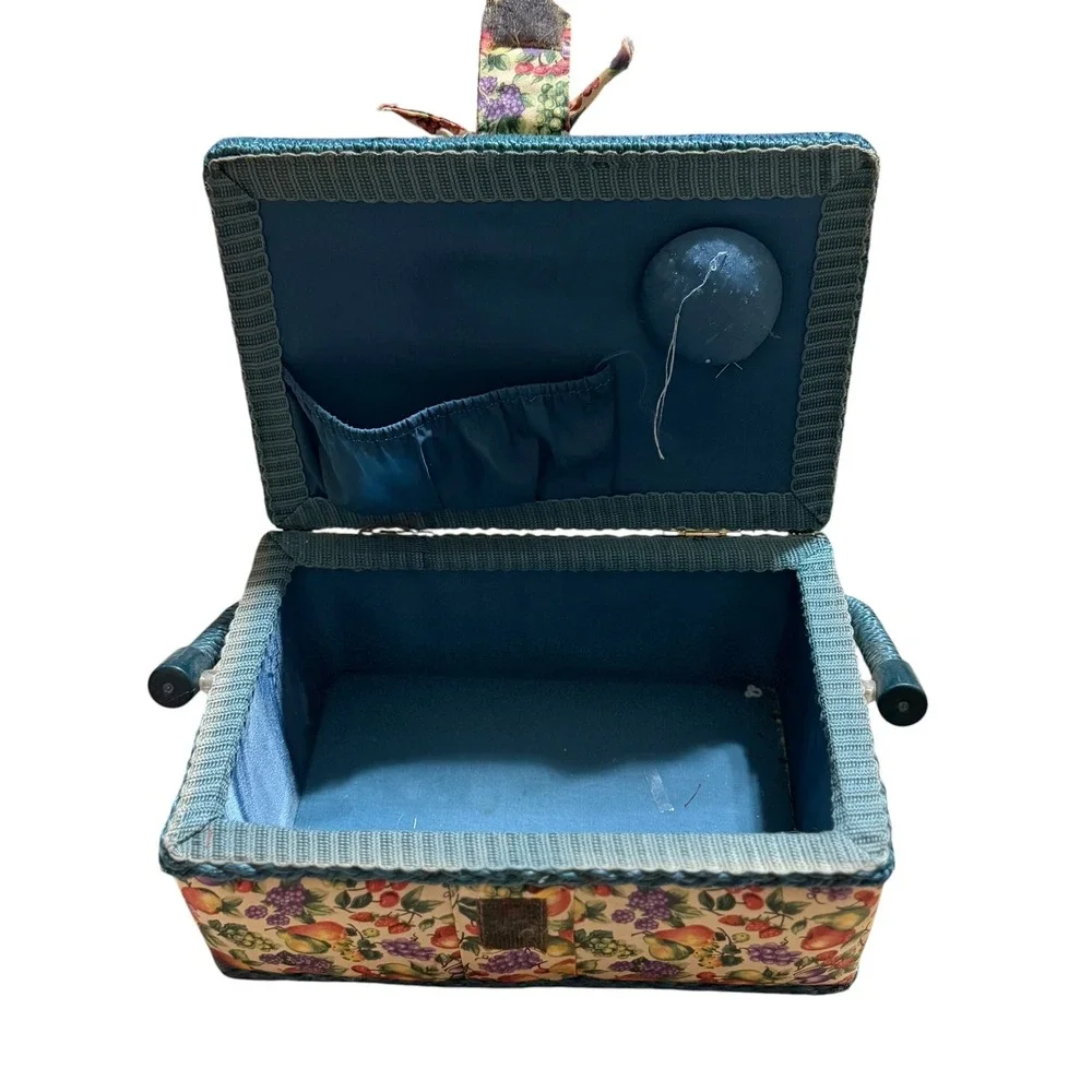 Vintage Fruit Print Sewing Basket Teal Wicker Trim Floral Craft Storage Box